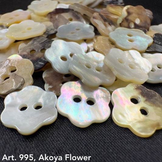 Akoya flower buttons in various iridescent and natural shades from Buttonology Inc