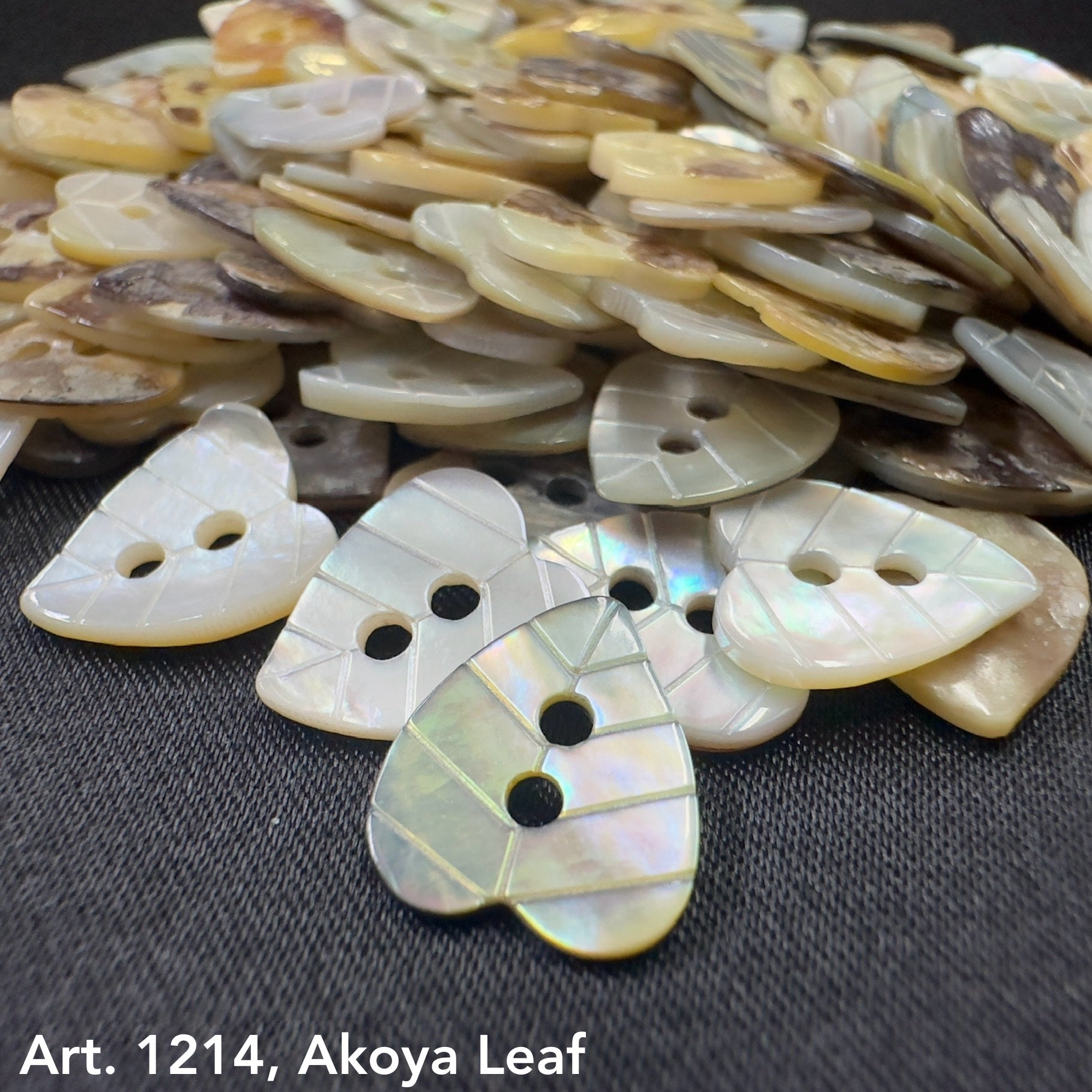 Akoya leaf buttons for sale with a smooth glossy surface and delicate vein patterns