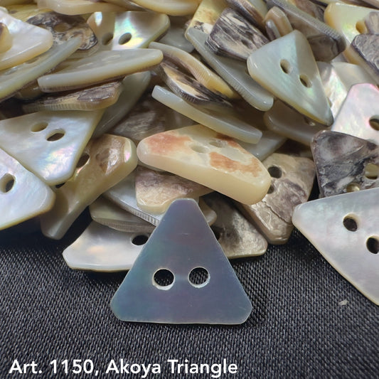 Akoya triangle buttons by Buttonology Inc made of iridescent shell material with two holes for sewing