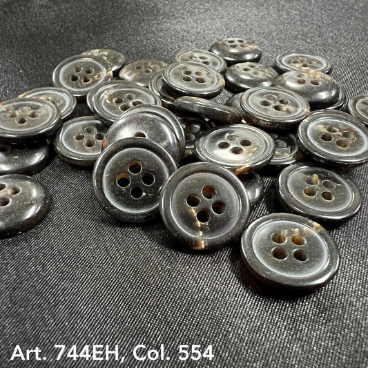 Buttonology Inc fort horn effect four hole buttons glossy dark gray round sew on buttons in a piled display