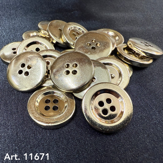 Buttonology Inc Gold Plated Nylon Buttons four hole shiny gold buttons piled on black fabric background