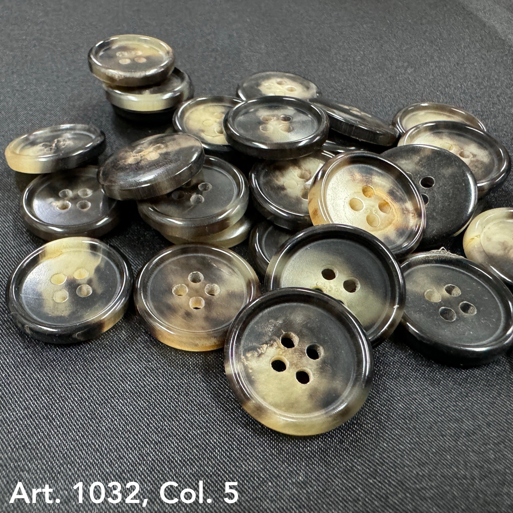 Sustainable real horn buttons by Buttonology Inc with natural variations in brown and beige tones