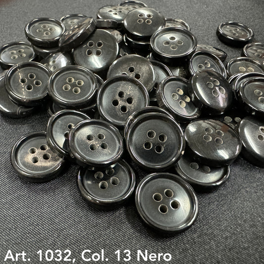 Sustainable real horn buttons by Buttonology Inc in glossy black with four holes for sewing