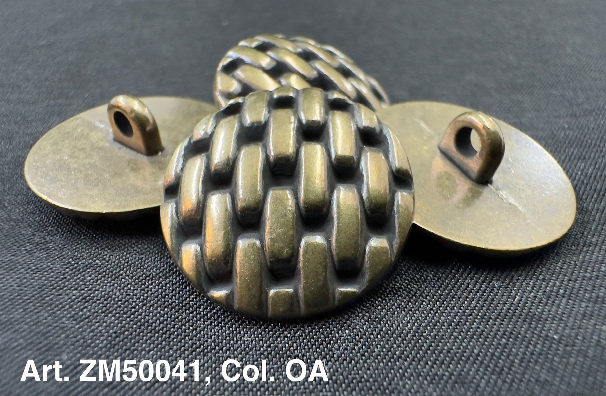 Antique brass woven dome metal shank buttons for clothing with sturdy loop shanks by Buttonology Inc