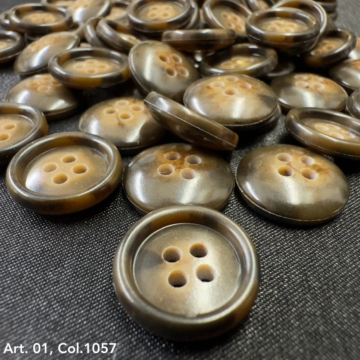 Buttonology Inc premium shirt buttons for sewing brown marbled four hole rimmed buttons on black fabric