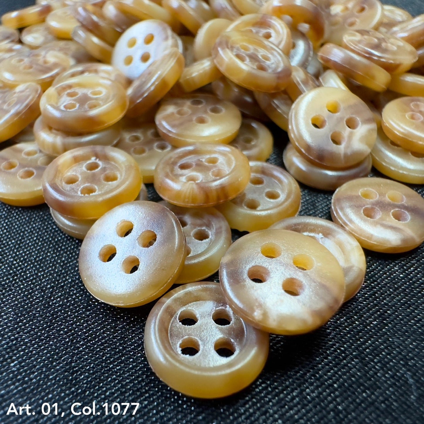 Buttonology Inc premium shirt buttons for sewing marbled tan four hole round buttons close up