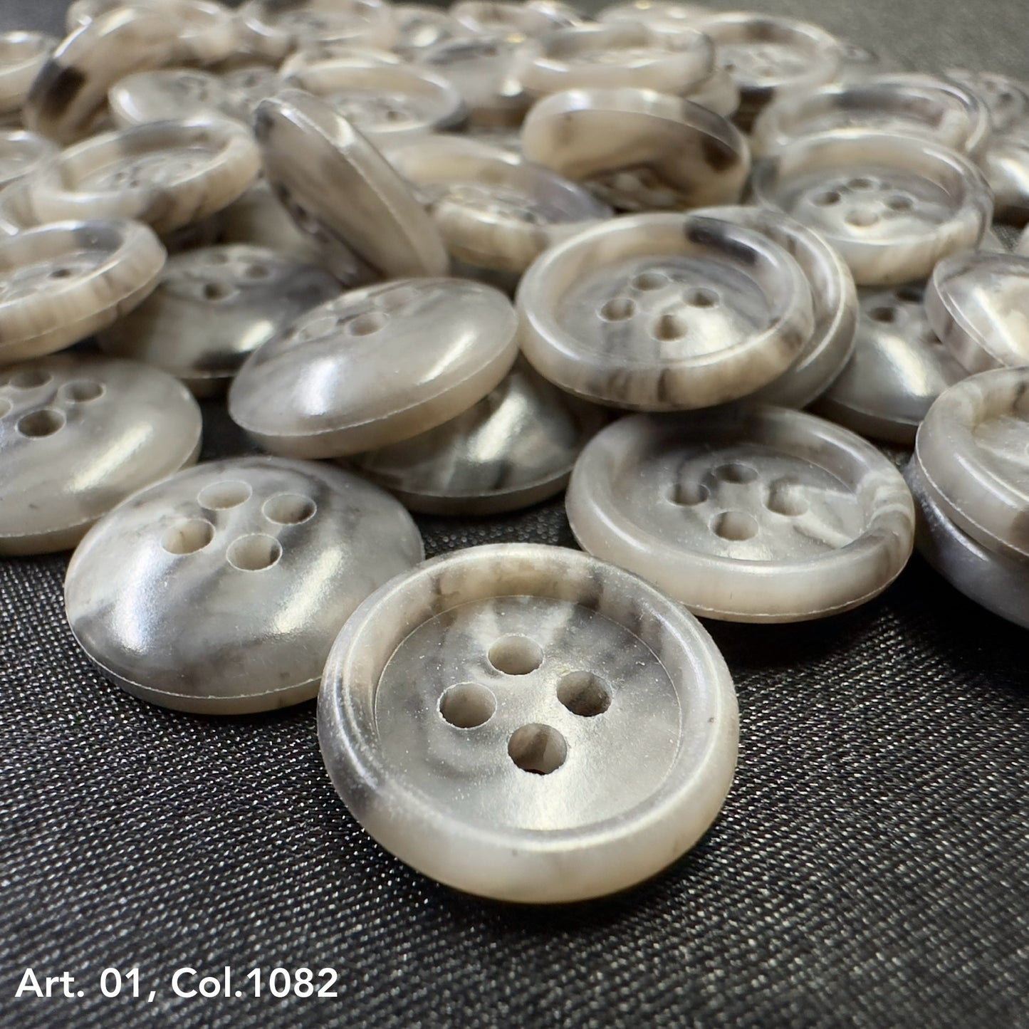 Buttonology Inc premium shirt buttons for sewing gray marbled four hole round buttons on black fabric