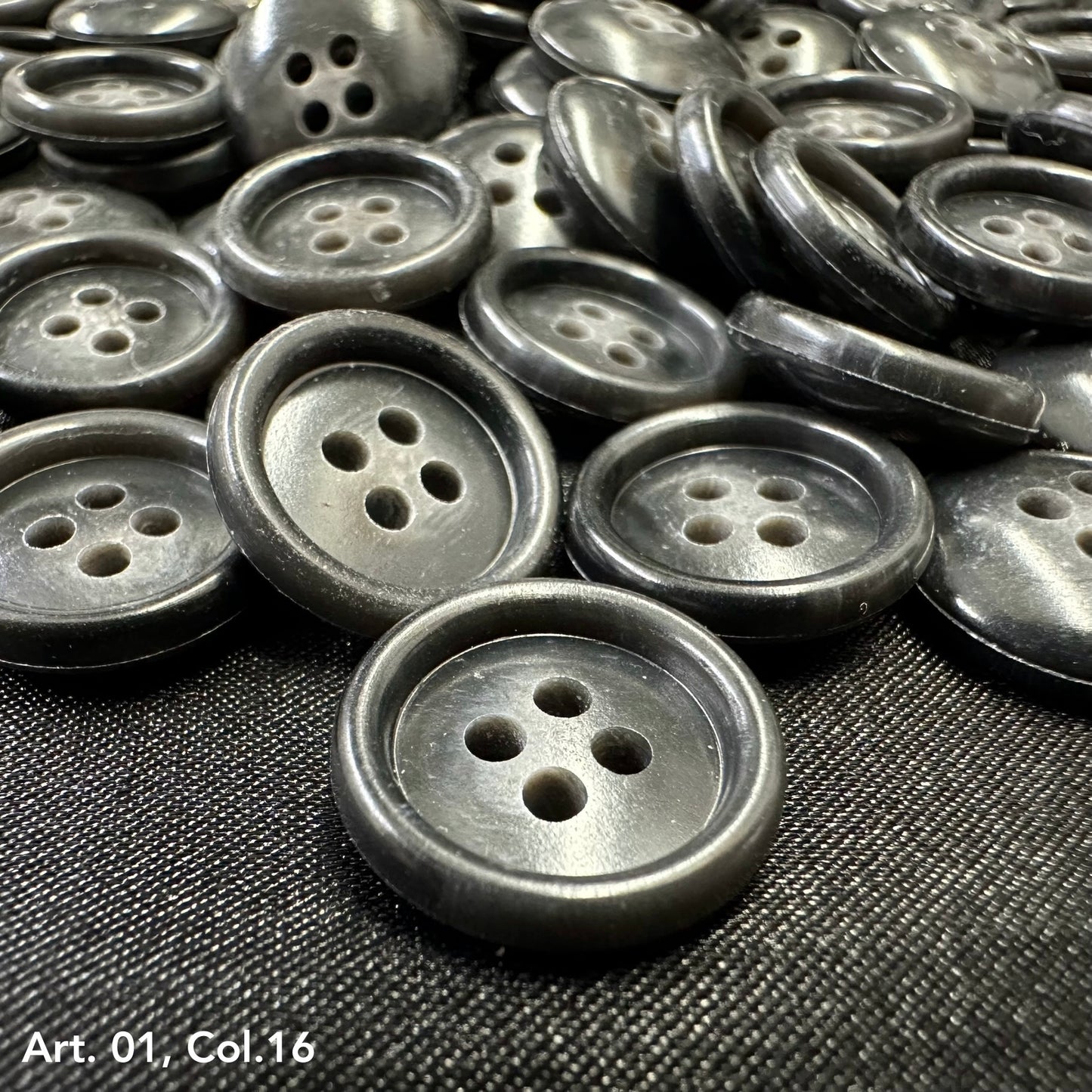Buttonology Inc premium shirt buttons for sewing dark gray four hole round buttons on black fabric