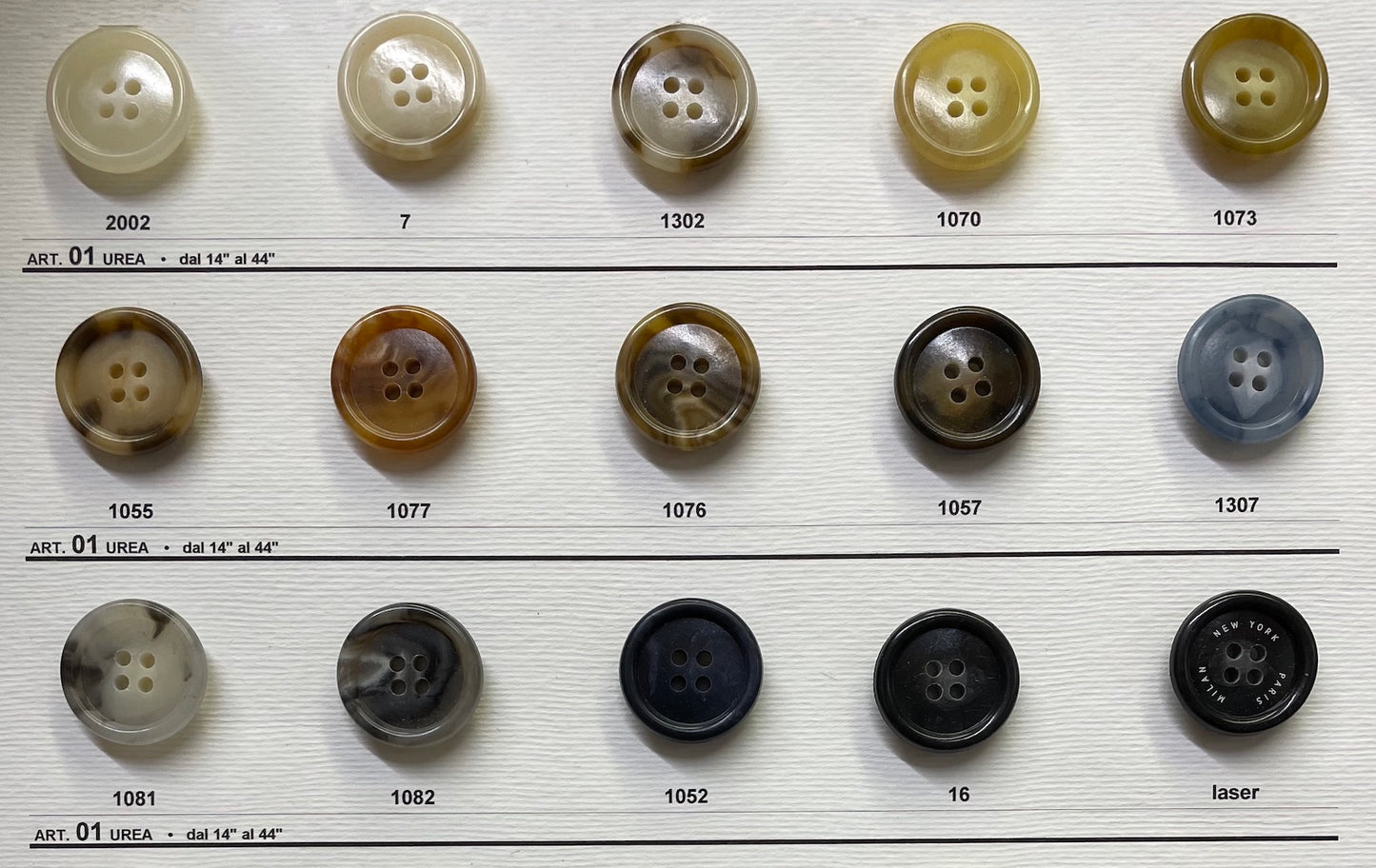 Buttonology Inc assorted four hole beige brown black buttons on display card premium shirt buttons for sewing