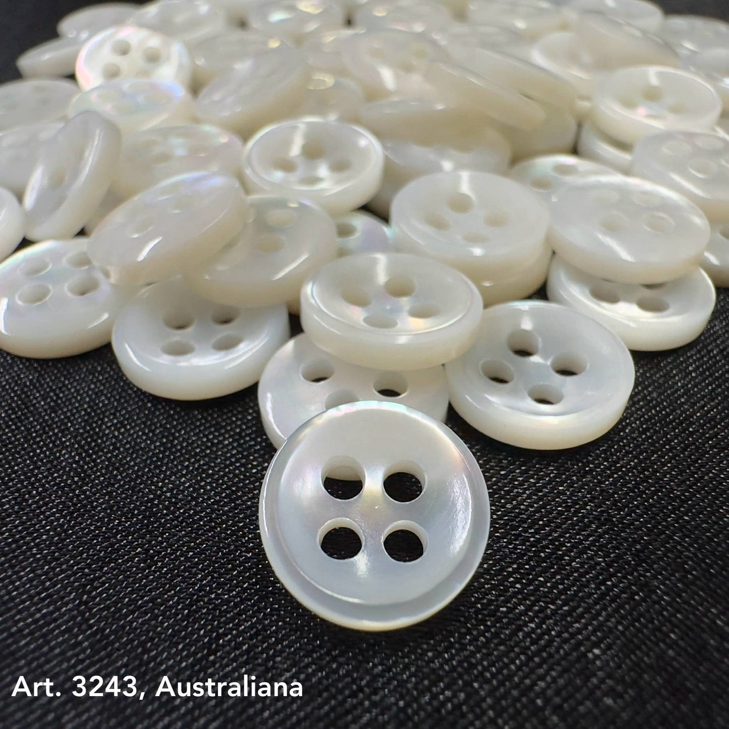 Australiana Shell Buttons by Buttonology Inc featuring shiny white round four-hole buttons on black fabric