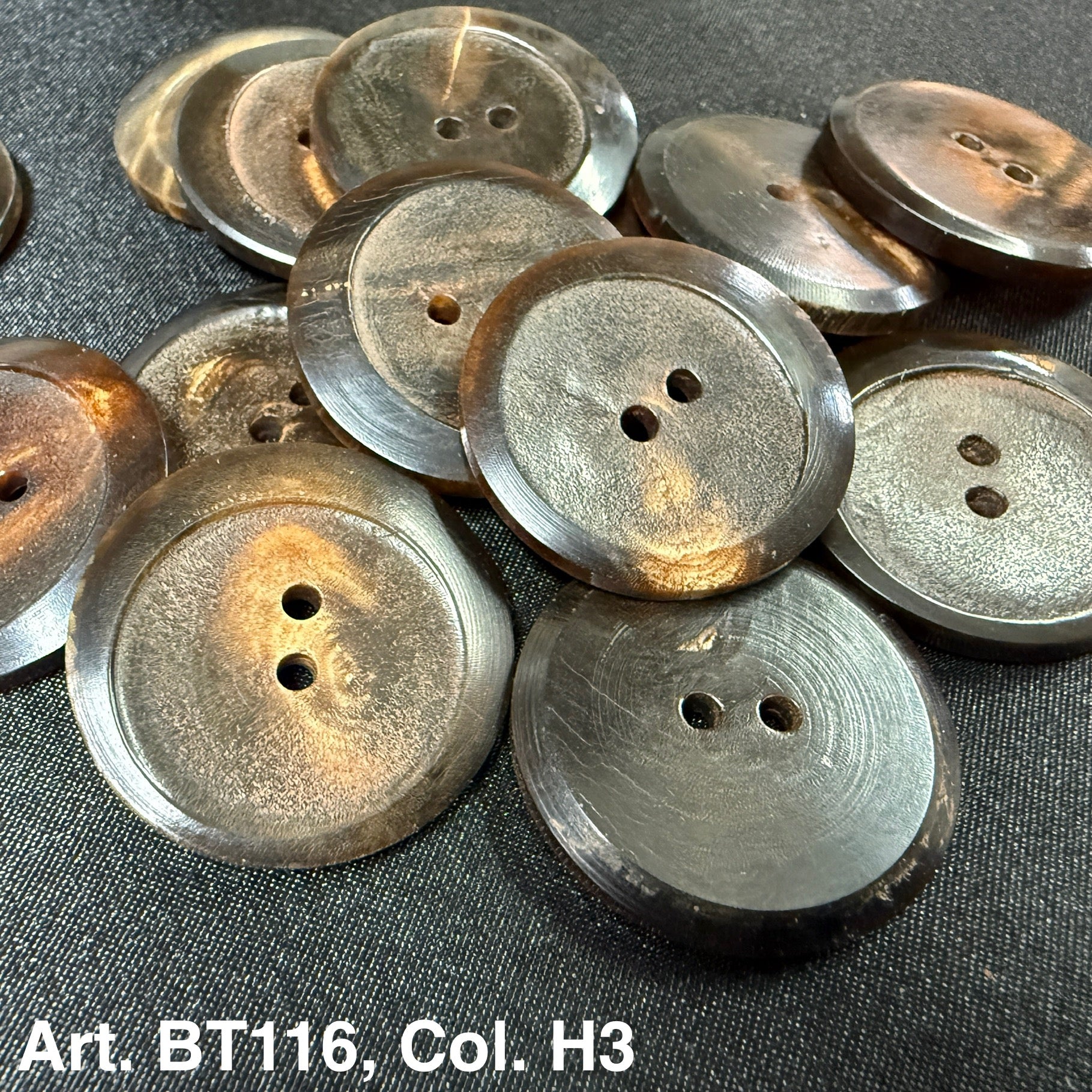 Buttonology Inc premium horn button 2-hole dark brown glossy round buttons on black fabric