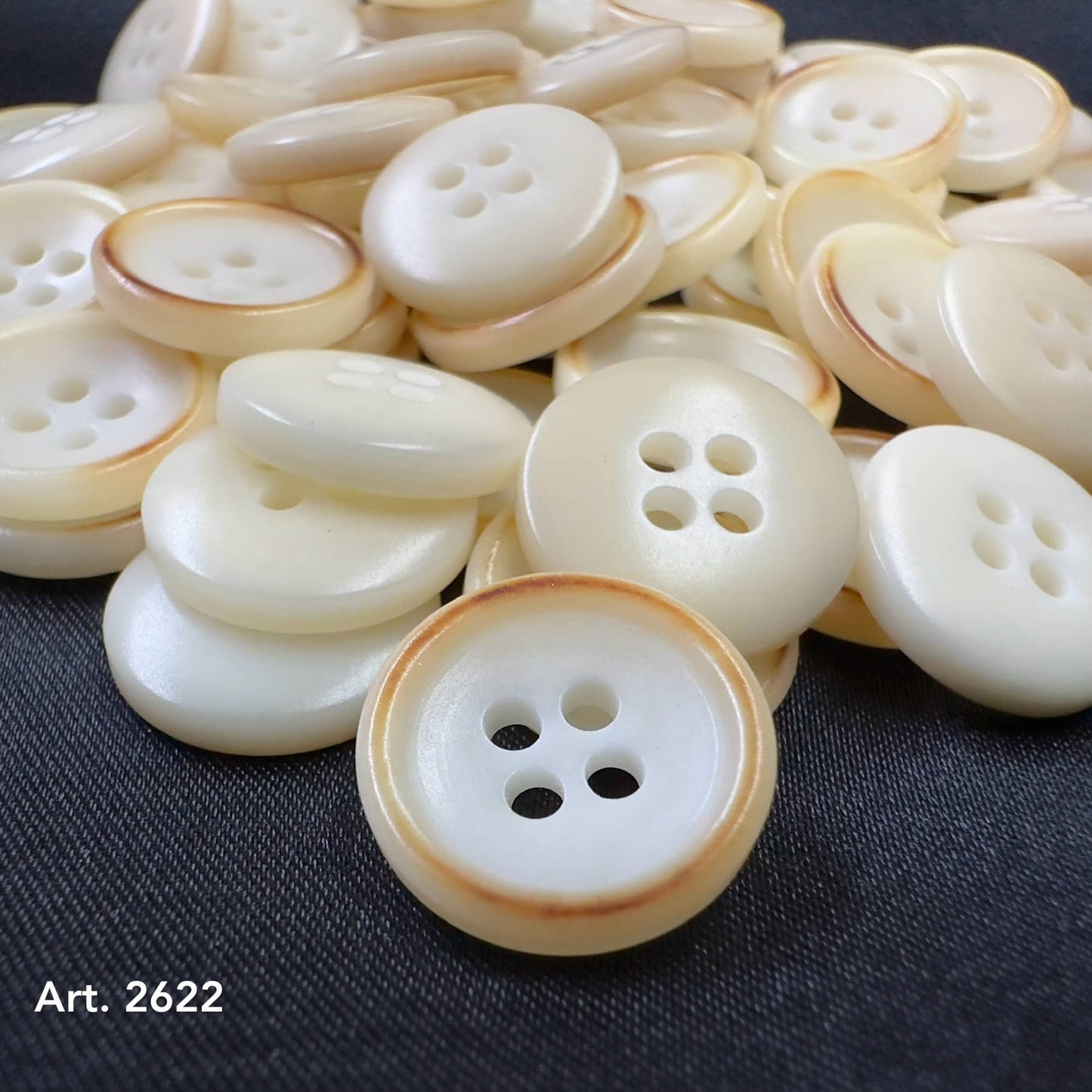 Burnt corozo buttons sustainable fashion by Buttonology Inc in cream with brown edges, eco-friendly and stylish