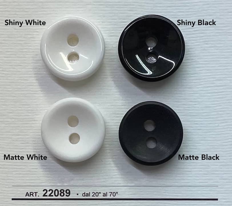 Buttonology Inc round buttons sample showing shiny white shiny black matte white matte black buy shiny black buttons online