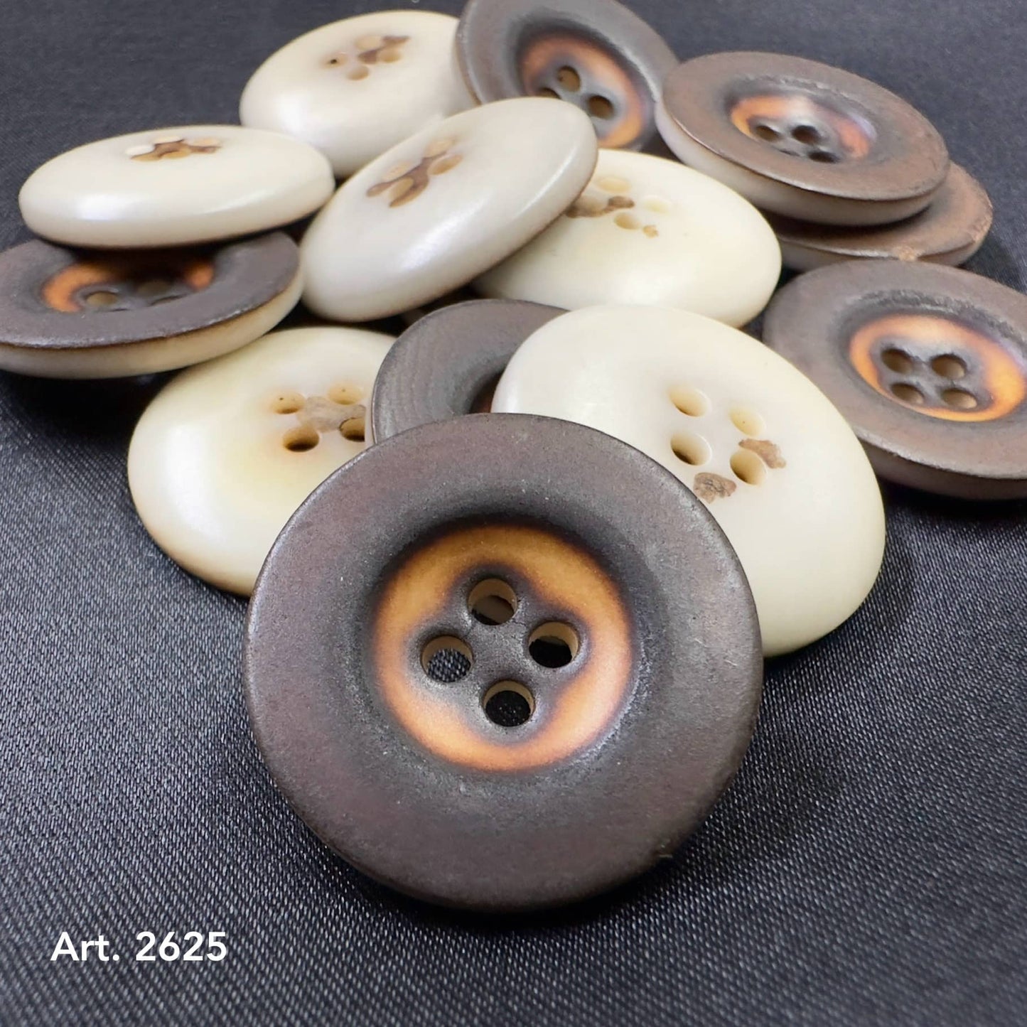 Buy Eco-Friendly Burnt Corozo buttons from Buttonology Inc in natural brown and cream tones with four holes