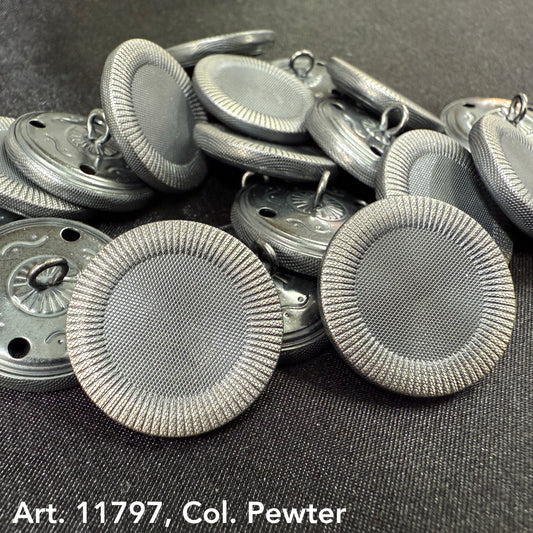 Decorative sewing buttons for coats in pewter color with textured rim by Buttonology Inc.