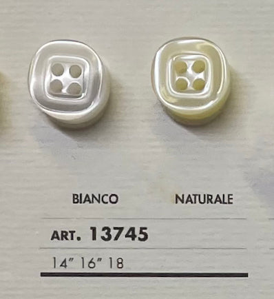Two square four-hole sewing buttons in white and natural colors from Buttonology Inc