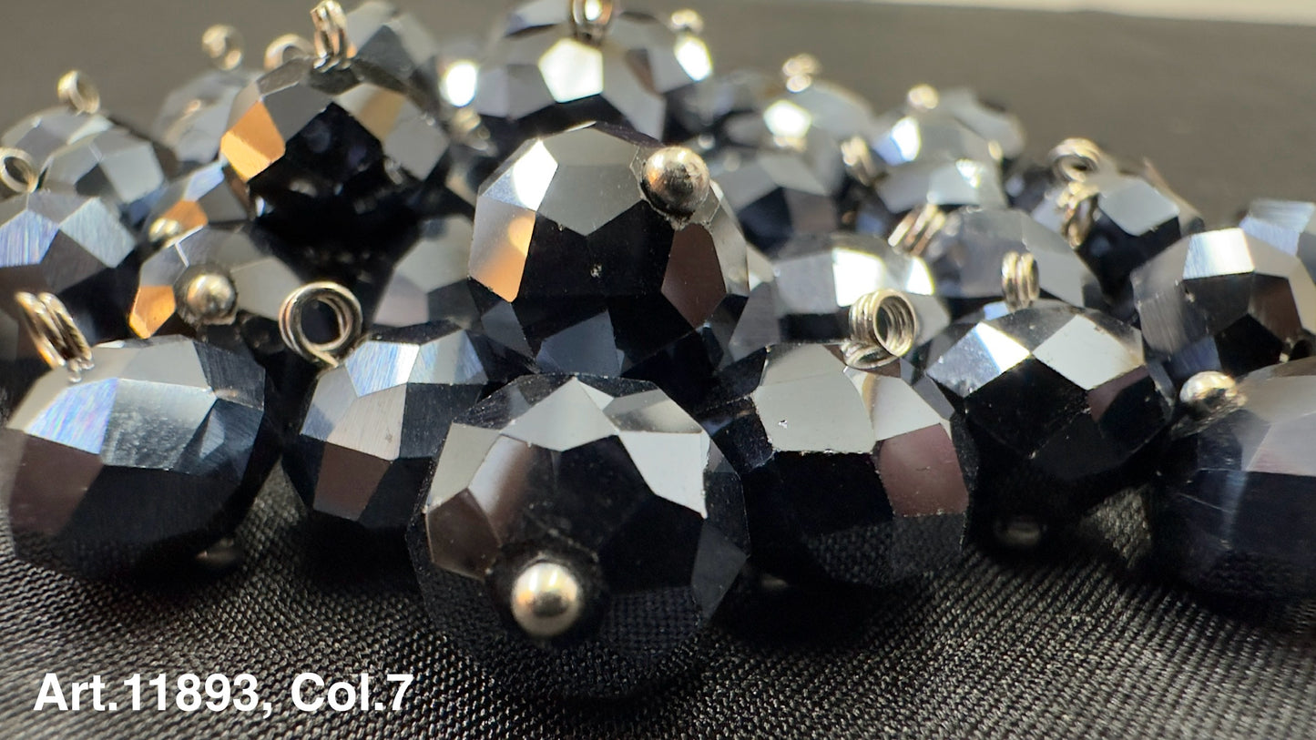 Shiny black glass buttons for sewing with a faceted design and metal loop for easy attachment