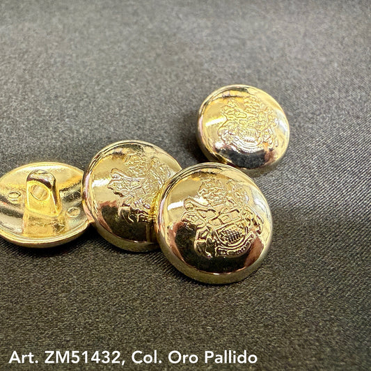 Gold crest metal buttons by Buttonology Inc with detailed embossed design on shiny surface