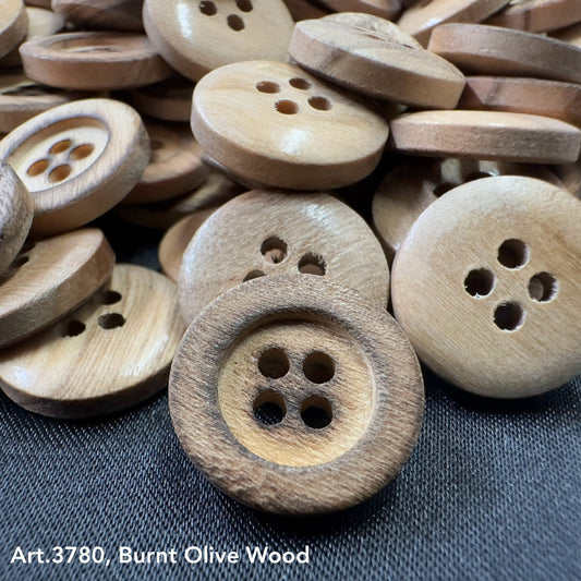 High-quality olivewood buttons wholesale from Buttonology Inc with natural wood grain texture