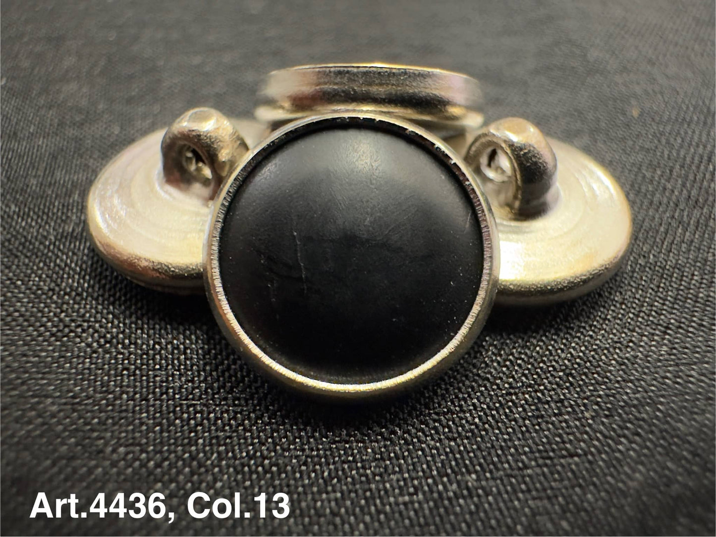 Horn shank button for coats with black center and silver metal shank from Buttonology Inc