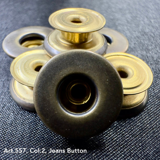 Vintage brass jean button replacement set by Buttonology Inc for durable denim repair