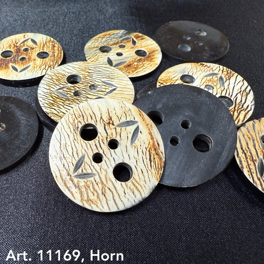Large horn buttons for coats by Buttonology Inc in natural and black textured designs