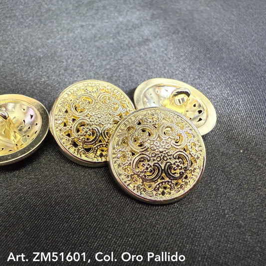Metal decorative sewing shank buttons with intricate gold filigree design from Buttonology Inc