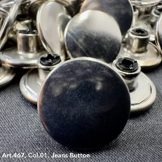 Metal jean buttons for sewing by Buttonology Inc. with a shiny silver finish and durable design