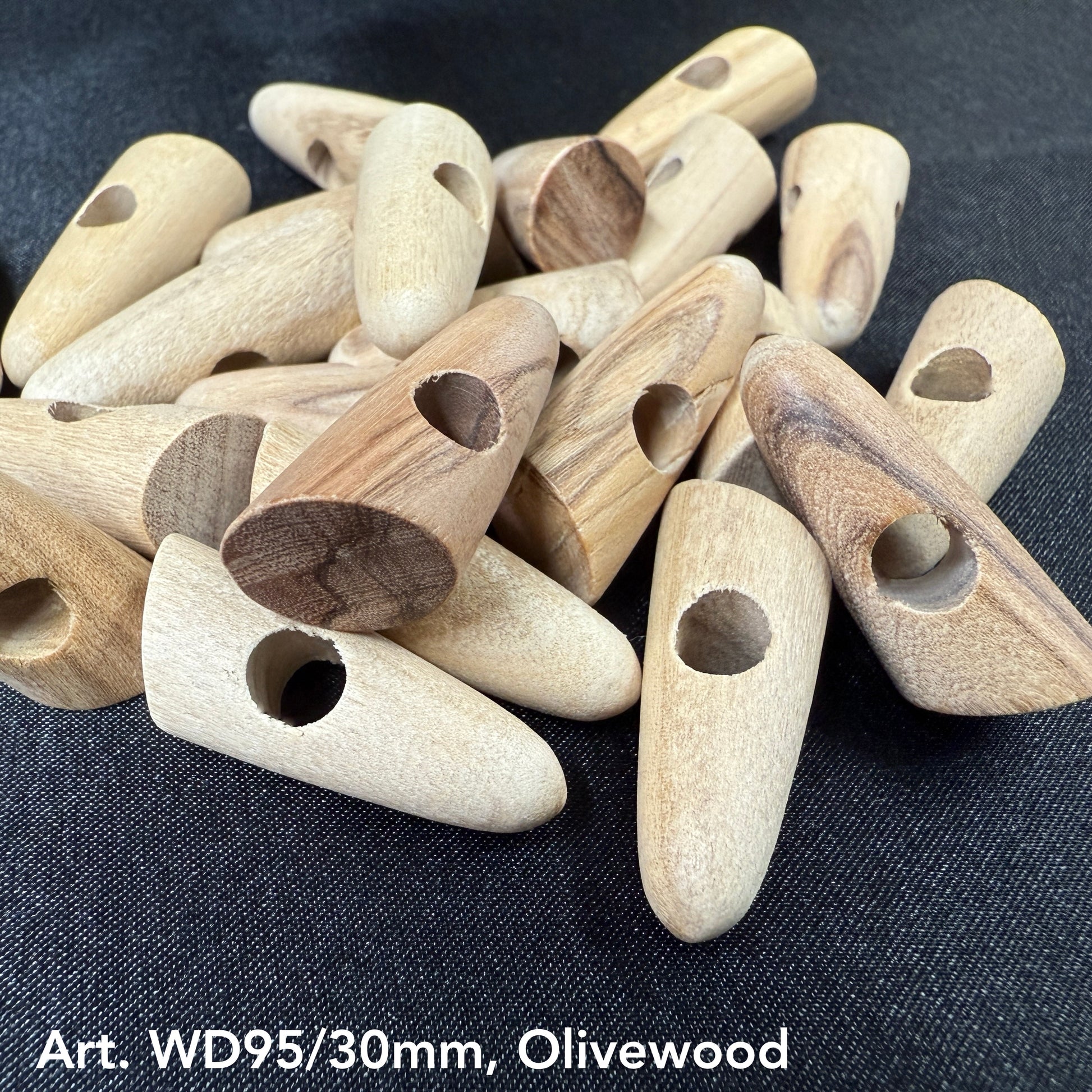 Natural wood toggle buttons for knitting in various shapes and sizes made from olivewood