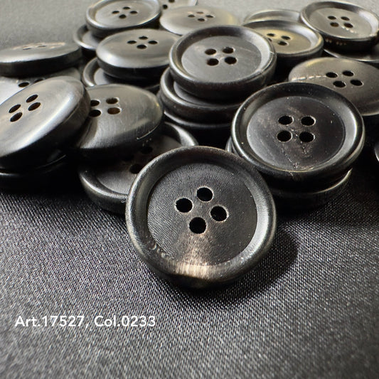 Premium horn sewing button by Buttonology Inc made of dark polished horn with four holes for sewing