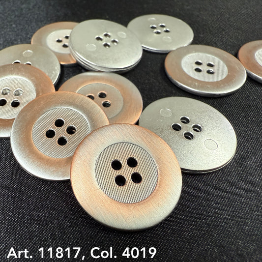 Rustic metal buttons for jackets in silver and bronze tones with four holes from Buttonology Inc