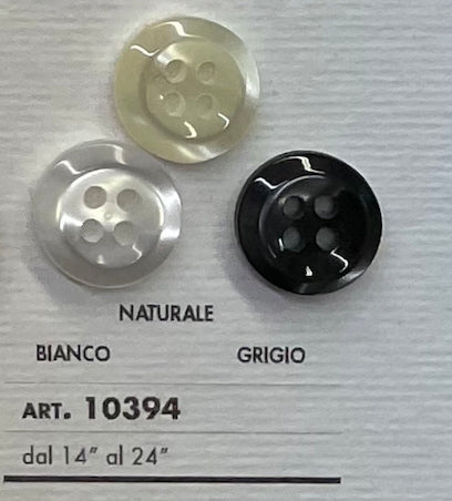 Three sewing buttons for clothing in natural, white, and gray colors with four holes each