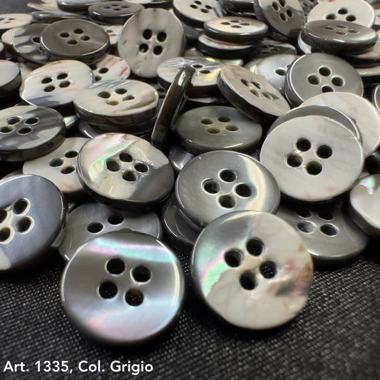 Shell buttons for sale four hole in gray with a glossy finish by Buttonology Inc.