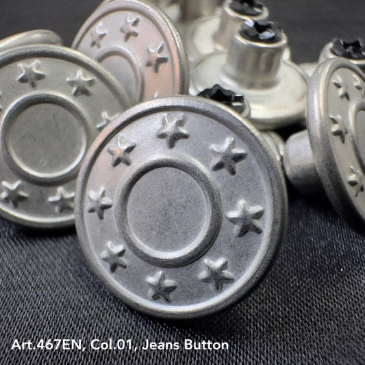 Pack of star design jean buttons in silver color for denim apparel enhancement