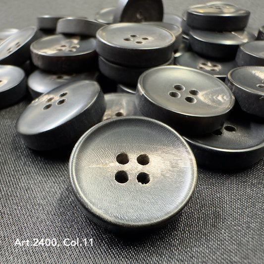 Sustainable horn buttons for suits by Buttonology Inc with natural texture and four holes