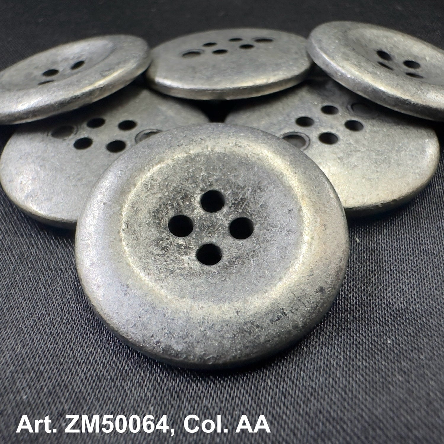 Collection of high-quality metal buttons in various shapes and sizes with a rustic silver finish