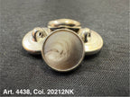 Buttonology Inc round metal button shank with marbled center on black fabric polyester garment shank