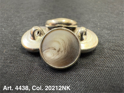 Buttonology Inc round metal button shank with marbled center on black fabric polyester garment shank