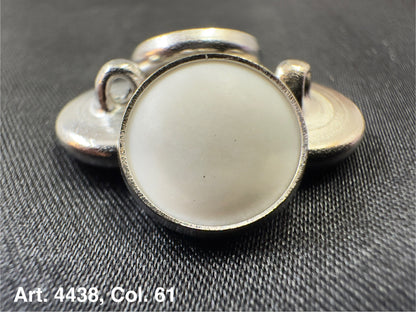 Buttonology Inc silver rim button shank with white center close up polyester garment shank for tailored coats