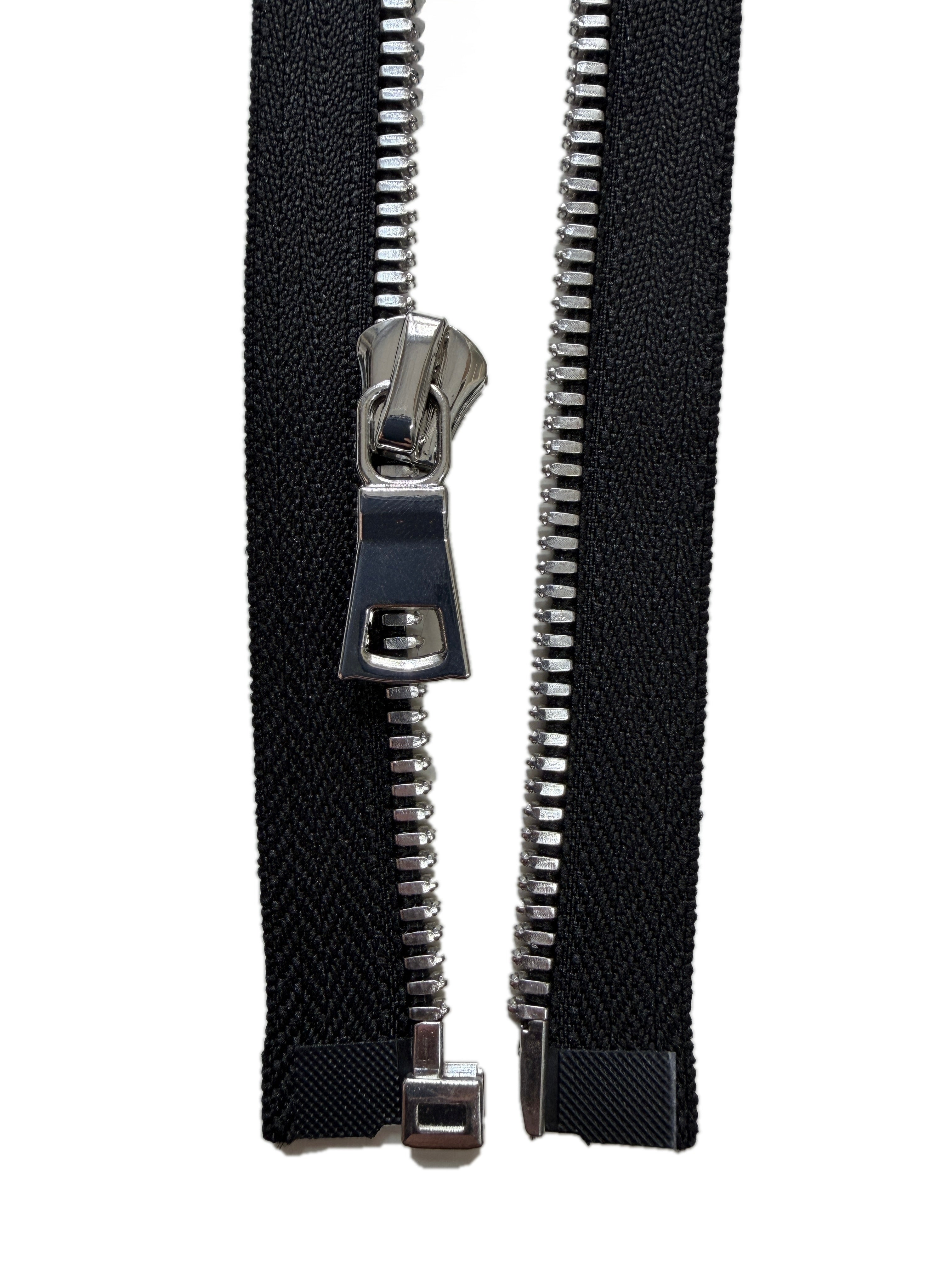 Silver Metal Zipper With Squared Puller — Made in USA, Open-Ended (Seperating)