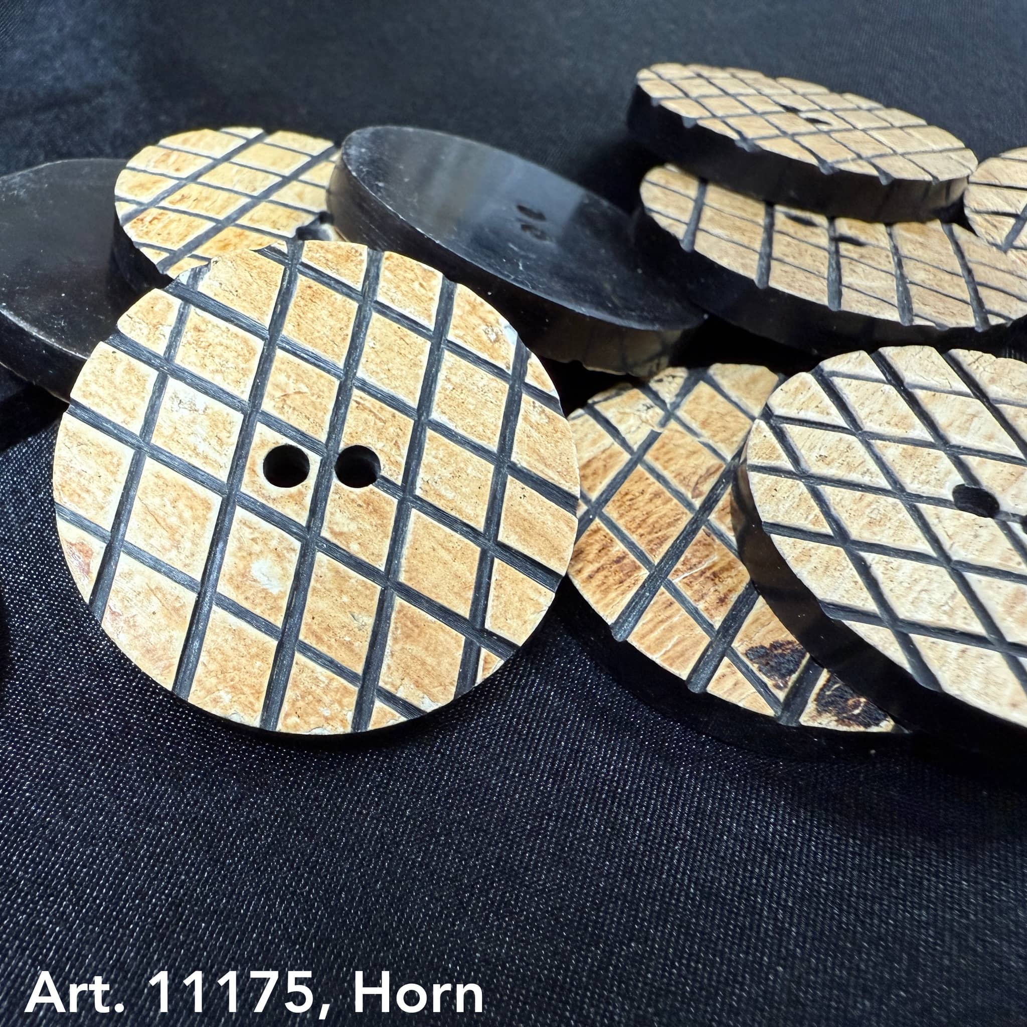 Buttonology Inc unique patterned horn buttons round two hole natural horn with carved diamond grid pattern