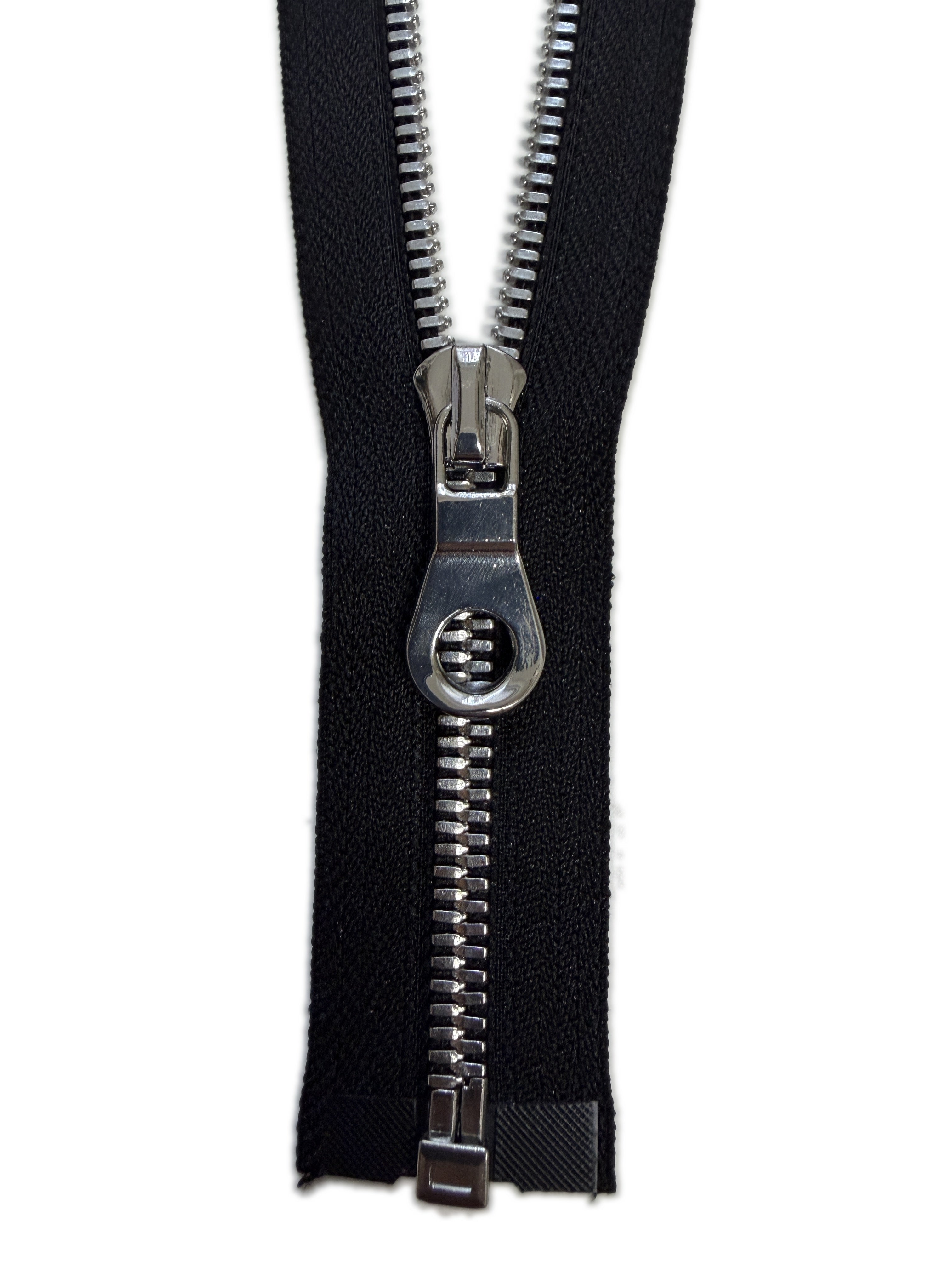 Silver Metal Zipper With Rounded Puller — Made in USA, Open-Ended (Seperating)