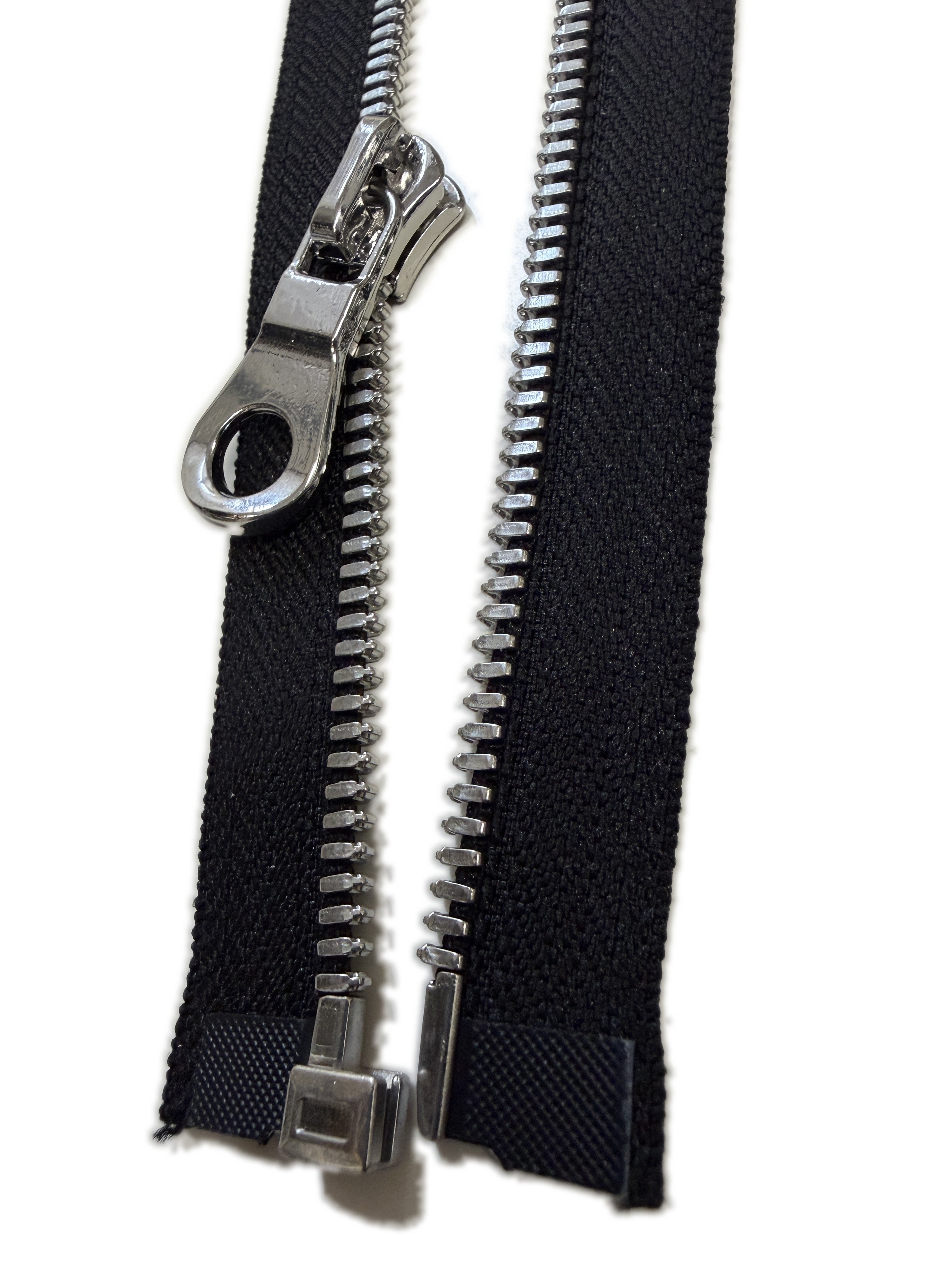 Silver Metal Zipper With Rounded Puller — Made in USA, Open-Ended (Seperating)