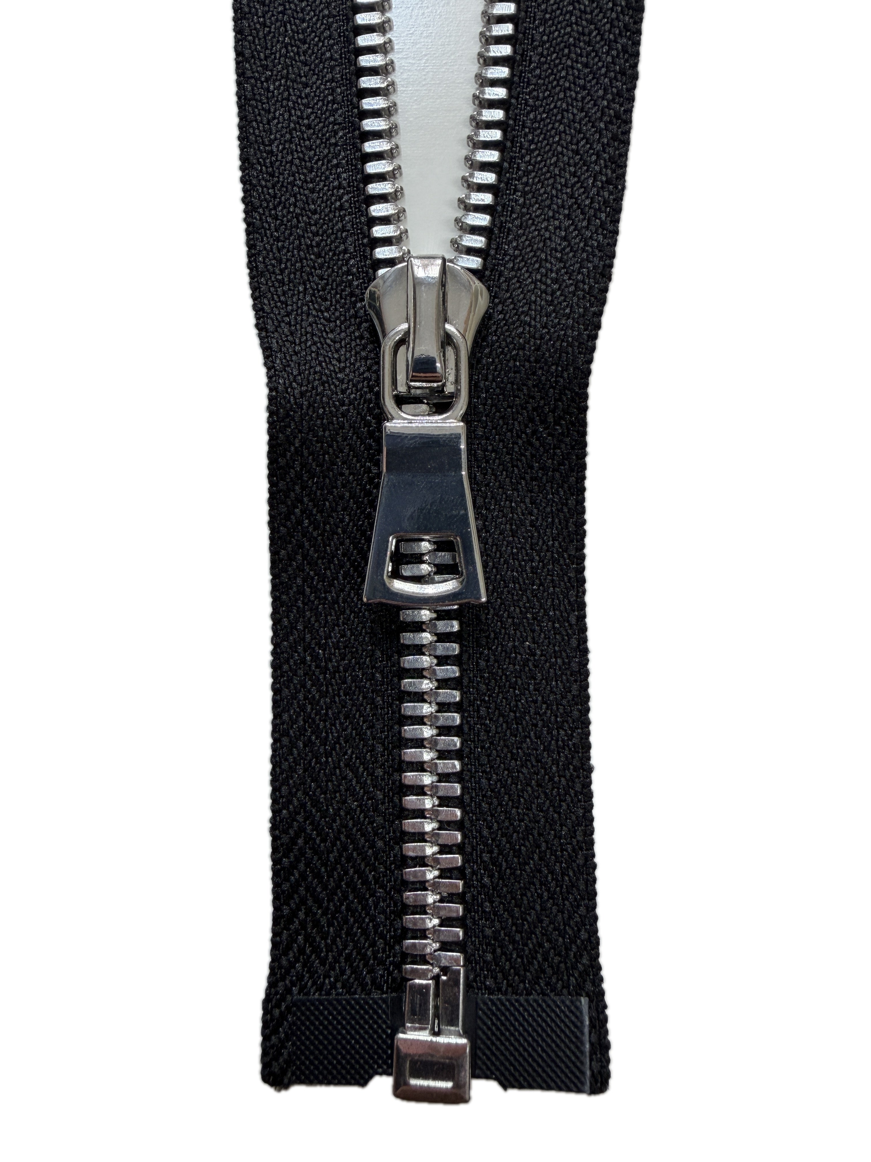 Silver Metal Zipper With Squared Puller — Made in USA, Open-Ended (Seperating)