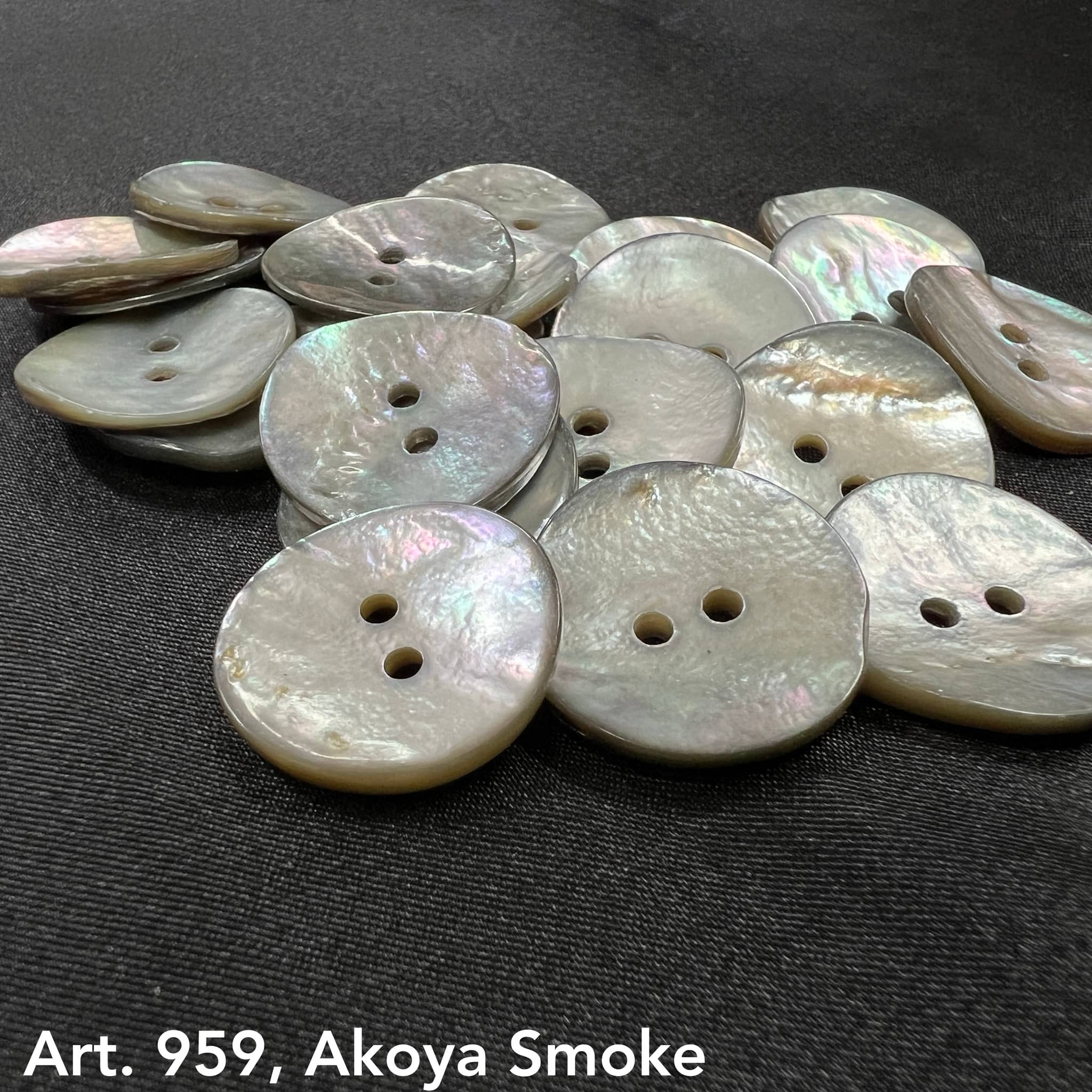 Art. 959 Smoke super thick Akoya shell 2-hole buttons, sizes 14L–48L – Buttonology Inc.