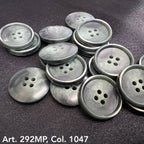 Buttonology Inc dark gray marbled round four hole buttons on black fabric shirt buttons for sewing