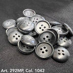 Buttonology Inc gray rimmed four hole round buttons on black fabric shirt buttons for sewing pack