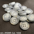 Buttonology Inc light gray pearlized round four hole buttons on black fabric for shirt buttons for sewing