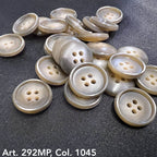 Buttonology Inc beige round four hole shirt buttons for sewing glossy rimmed buttons on dark fabric