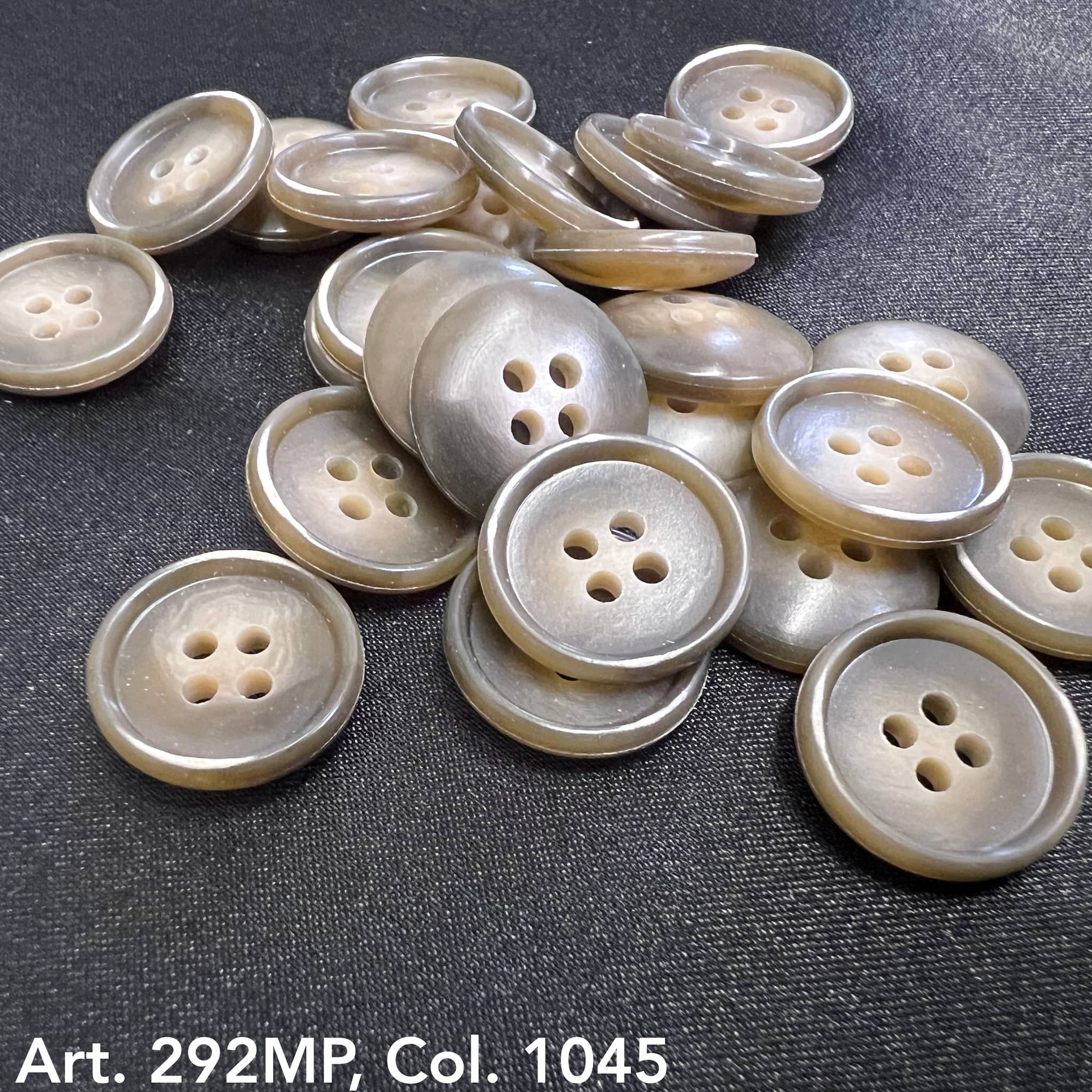 Buttonology Inc beige round four hole shirt buttons for sewing glossy rimmed buttons on dark fabric
